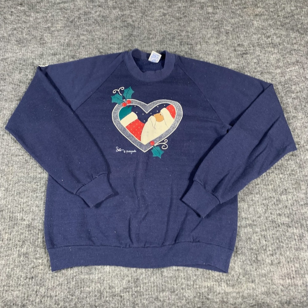 Vintage Jerzees Sweatshirt Womens Large Blue Santa Claus Heart Christmas Graphic